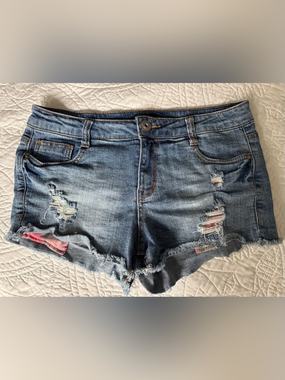 Joe Boxer Distressed Denim Shorts in Blue with Pink Peekaboo Pockets